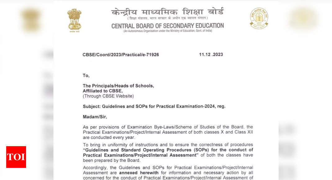 CBSE Board exam 2024: Official SOP, guidelines released for class 10, 12 practicals; check details here - Times of India
