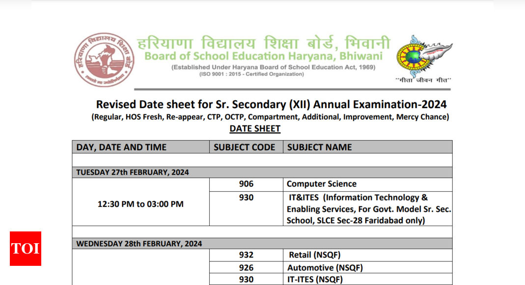 HBSE Haryana Class 12 Board Exam Dates Revised: Check Complete Schedule | - Times of India