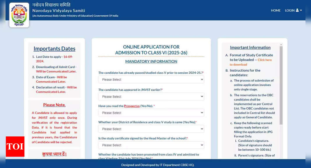 JNVST Class 6 Admission 2025: Registration begins at navodaya.gov.in; check application process, eligibility, documents required, and more - Times of India