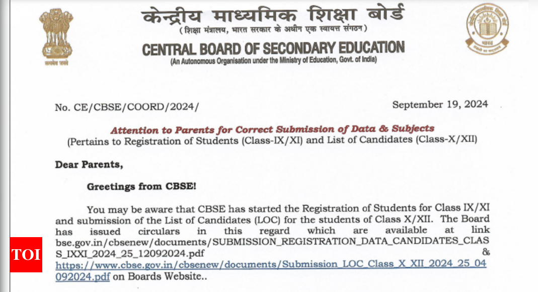 CBSE issues important notice for parents on the correct submission of students' registration data; check details here - Times of India