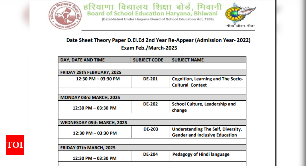 Haryana DElEd 1st & 2nd Year Re-appear Exam Timetable Released: Check Complete Schedule Here - Times of India
