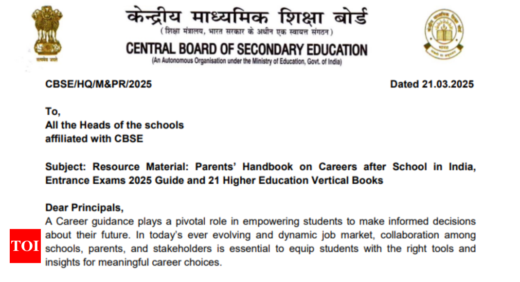 CBSE issues important notice on parents’ handbook for student career guidance: Check details here - The Times of India