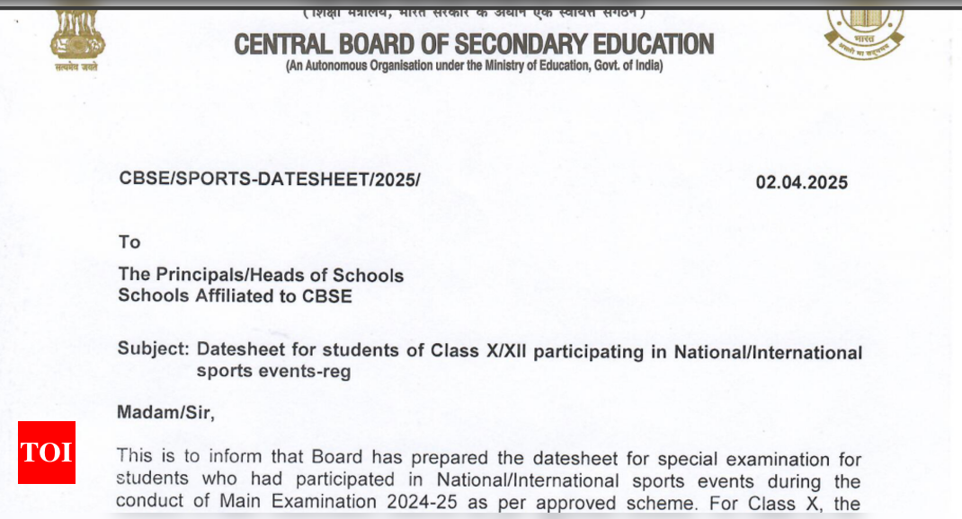 CBSE Class 10, 12 date sheet released for students participating in national and international sports events: Check complete schedule here - The Times of India