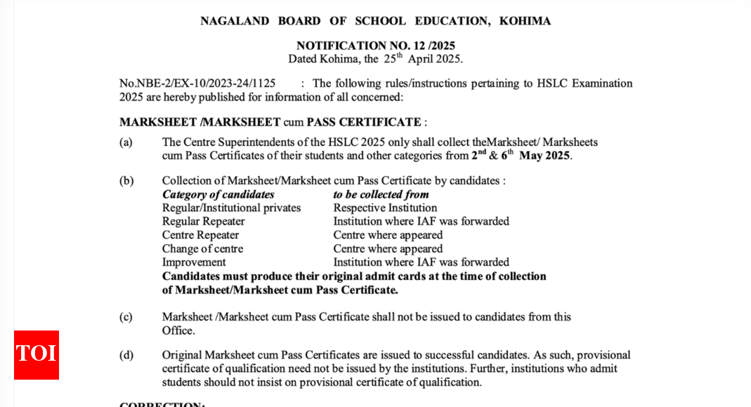 Nagaland HSLC result 2025 announced, 75.16% students pass, Lungyihangle Nring tops with 98.67%: Check result here - The Times of India