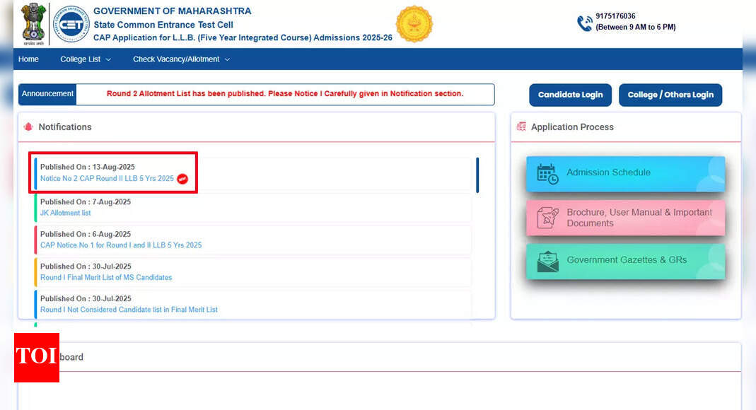 MAH LLB 5-year CAP 2025 round 2 seat allotment out at llb5cap25.mahacet.org - Times of India